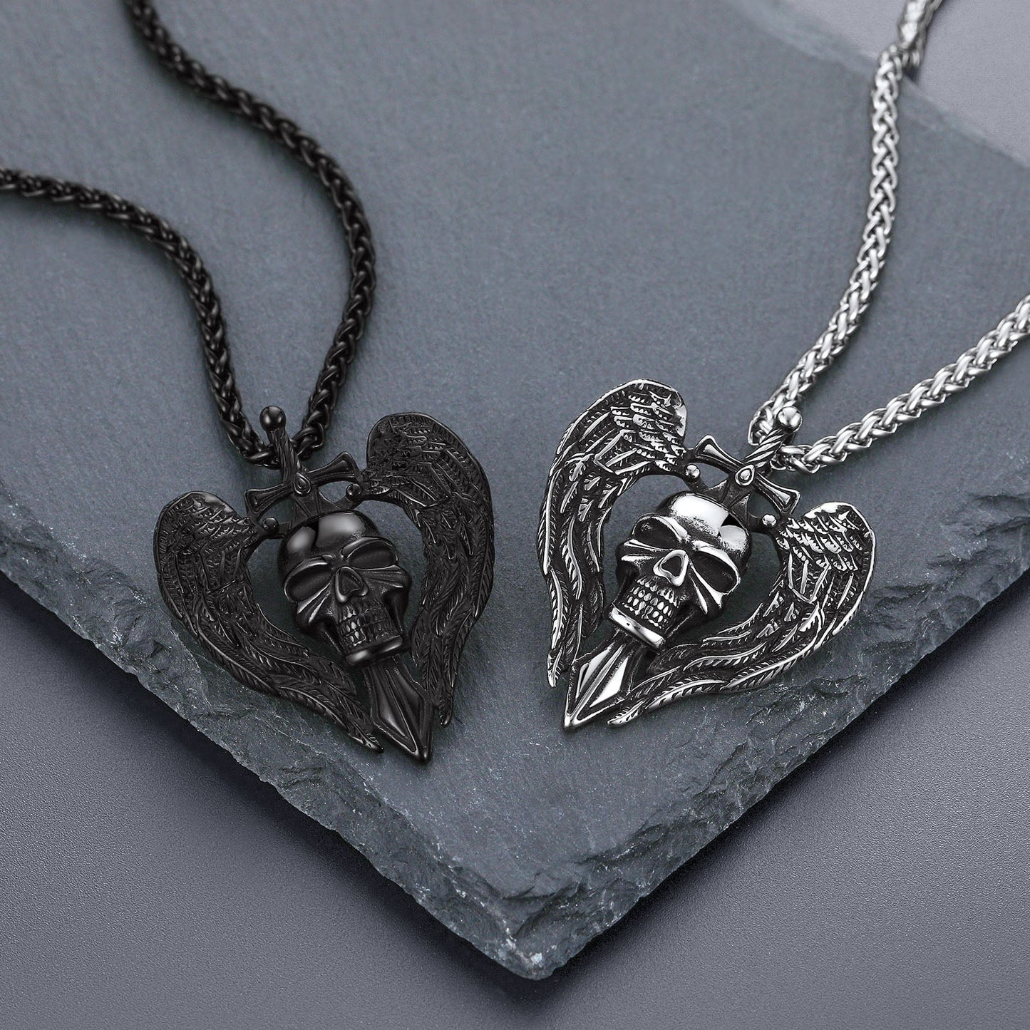 Gothic Sword Wings Skull Pendant Necklace for