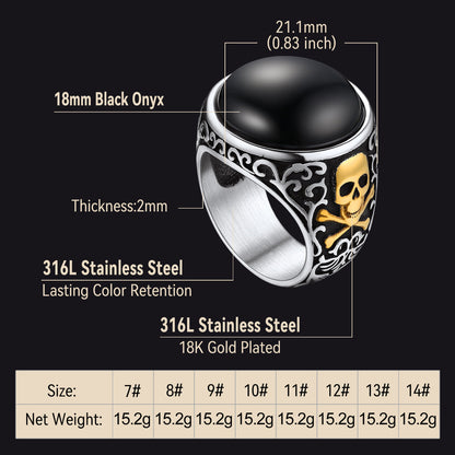 Gothic Black Onyx Signet Ring With Skull for