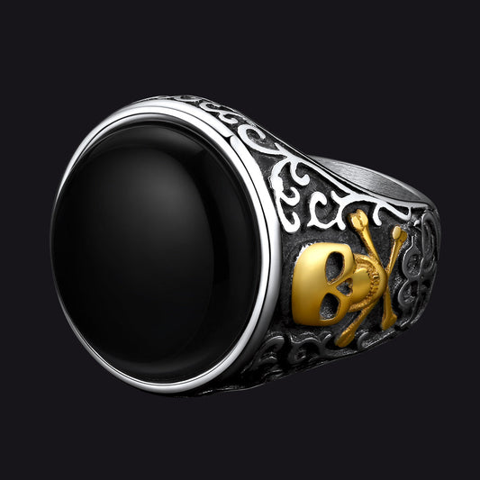 Gothic Black Onyx Signet Ring With Skull for