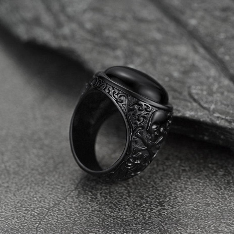 Gothic Black Onyx Signet Ring With Skull for