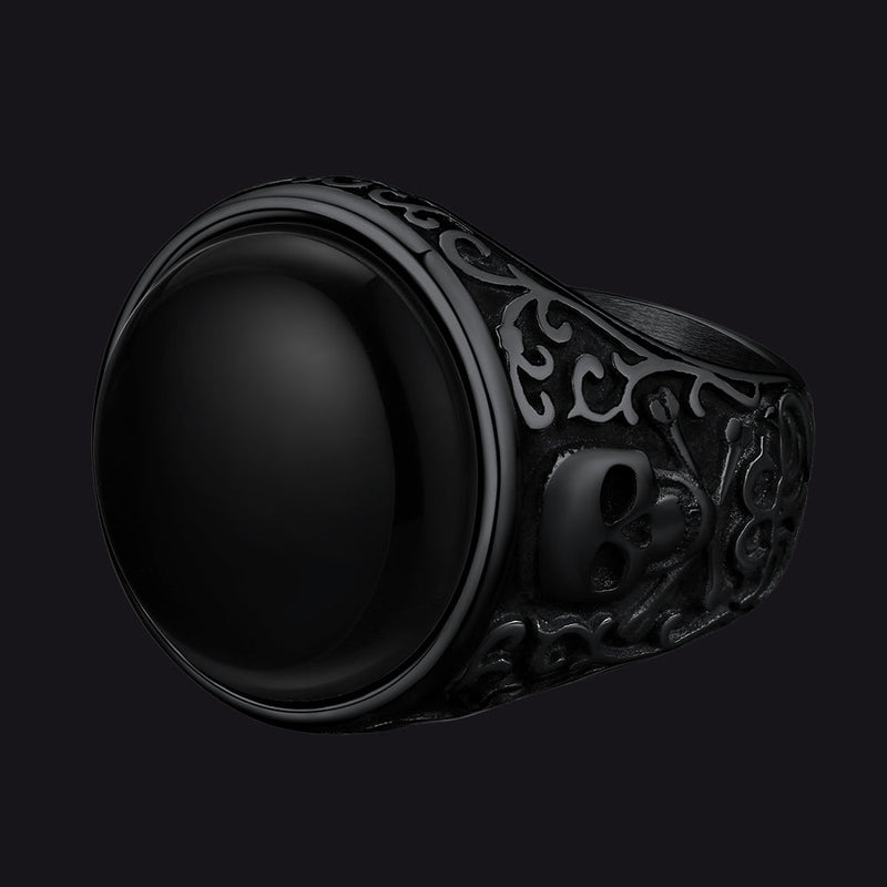 Gothic Black Onyx Signet Ring With Skull for