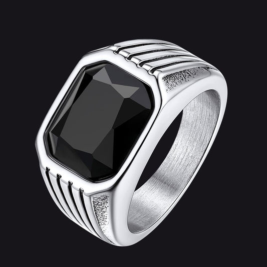 Stainless Steel Striped Stone Ring for , Size 7-14