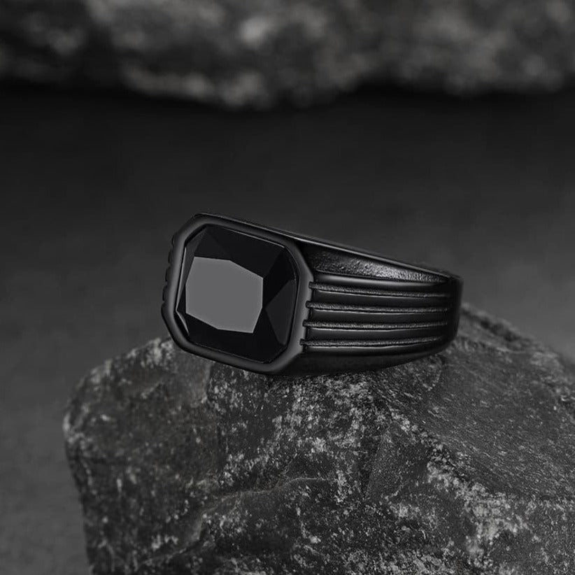 Stainless Steel Striped Stone Ring for , Size 7-14
