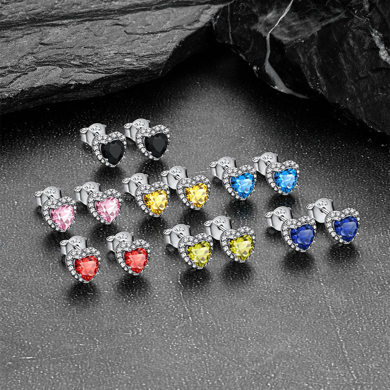 Sterling Silver Birthstone Heart Halo Stud Earrings for