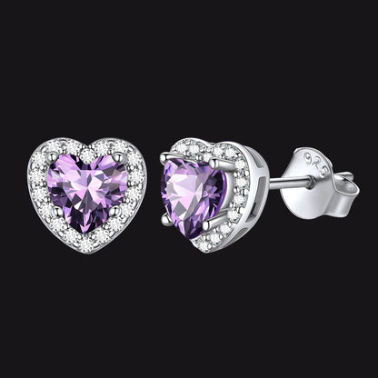 Sterling Silver Birthstone Heart Halo Stud Earrings for