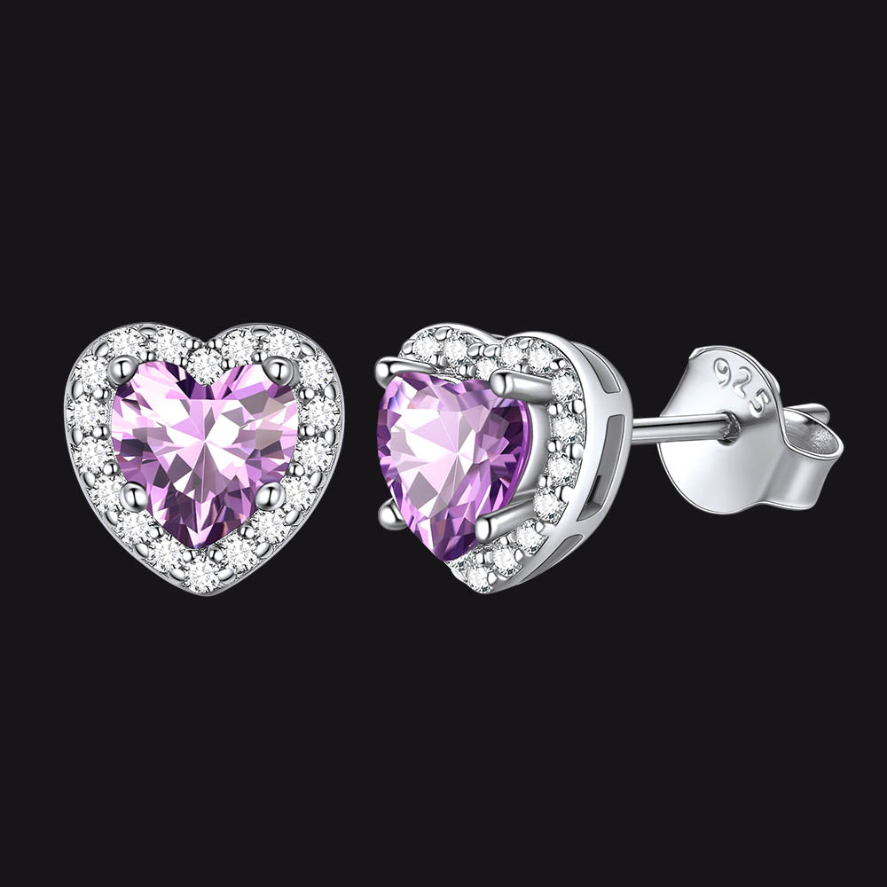 Sterling Silver Birthstone Heart Halo Stud Earrings for