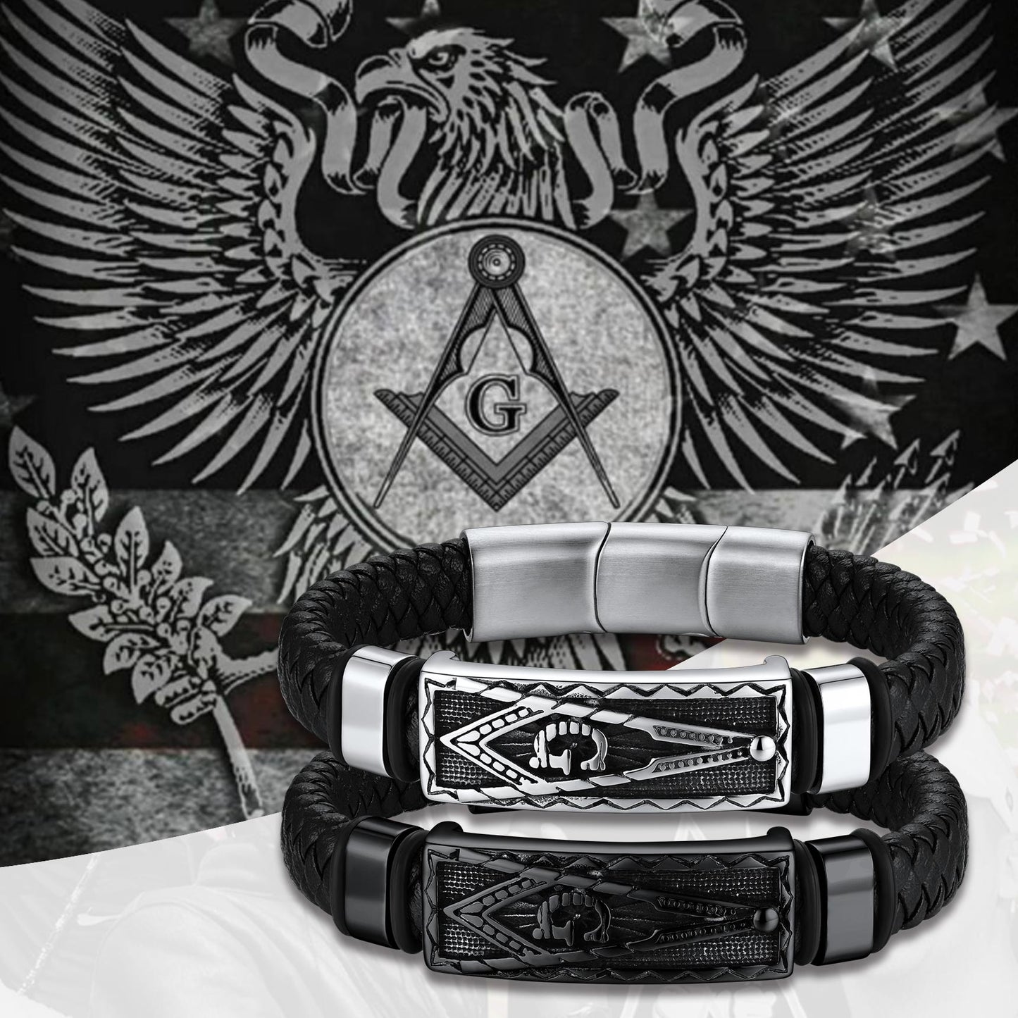 Masonic Compass Braided Black Leather Bracelet for Father Husband
