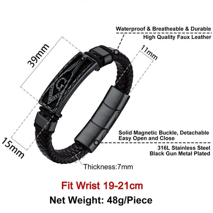Masonic Compass Braided Black Leather Bracelet for Father Husband