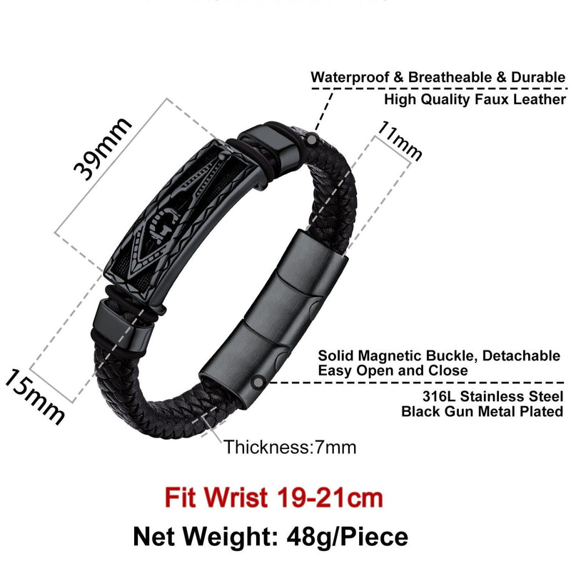 Masonic Compass Braided Black Leather Bracelet for Father Husband