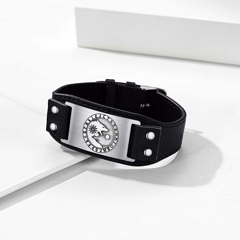 Viking Nordic Wolf Black Leather Bracelet Wristband for