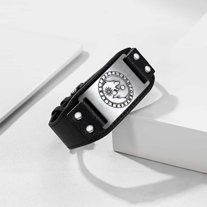 Viking Nordic Wolf Black Leather Bracelet Wristband for