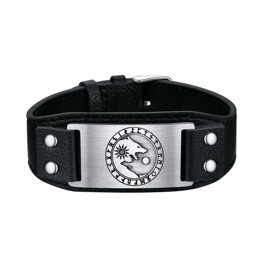 Viking Nordic Wolf Black Leather Bracelet Wristband for
