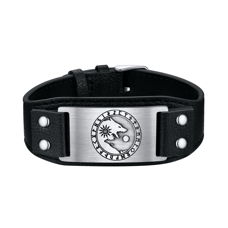 Viking Nordic Wolf Black Leather Bracelet Wristband for