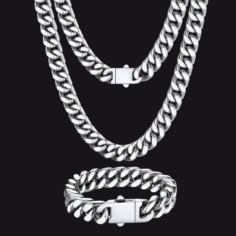 12mm Miami Cuban Chain & Cuban Bracelet Jewelry Set for