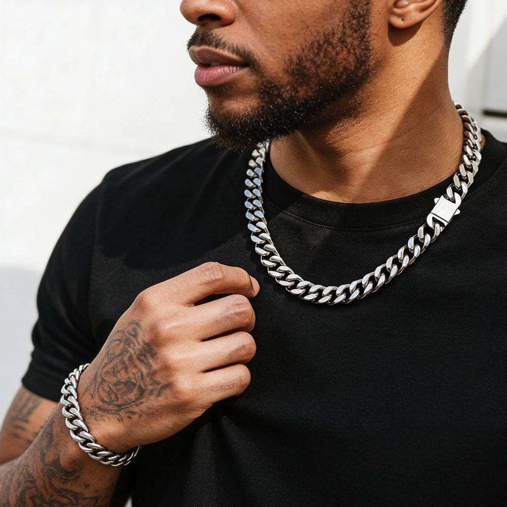 12mm Miami Cuban Chain & Cuban Bracelet Jewelry Set for