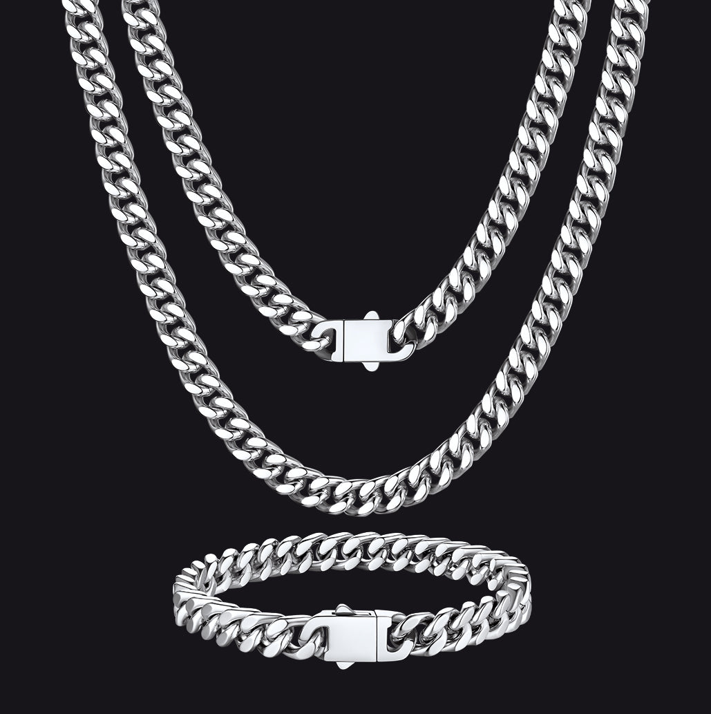 7mm Miami Cuban Link Chain & Bracelet Jewelry Set for