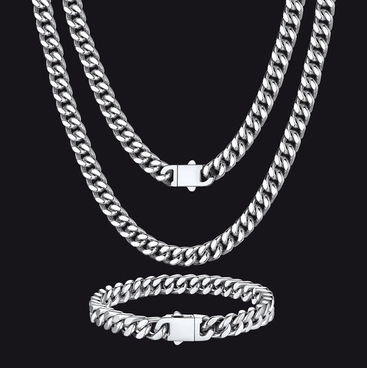7mm Miami Cuban Link Chain & Bracelet Jewelry Set for