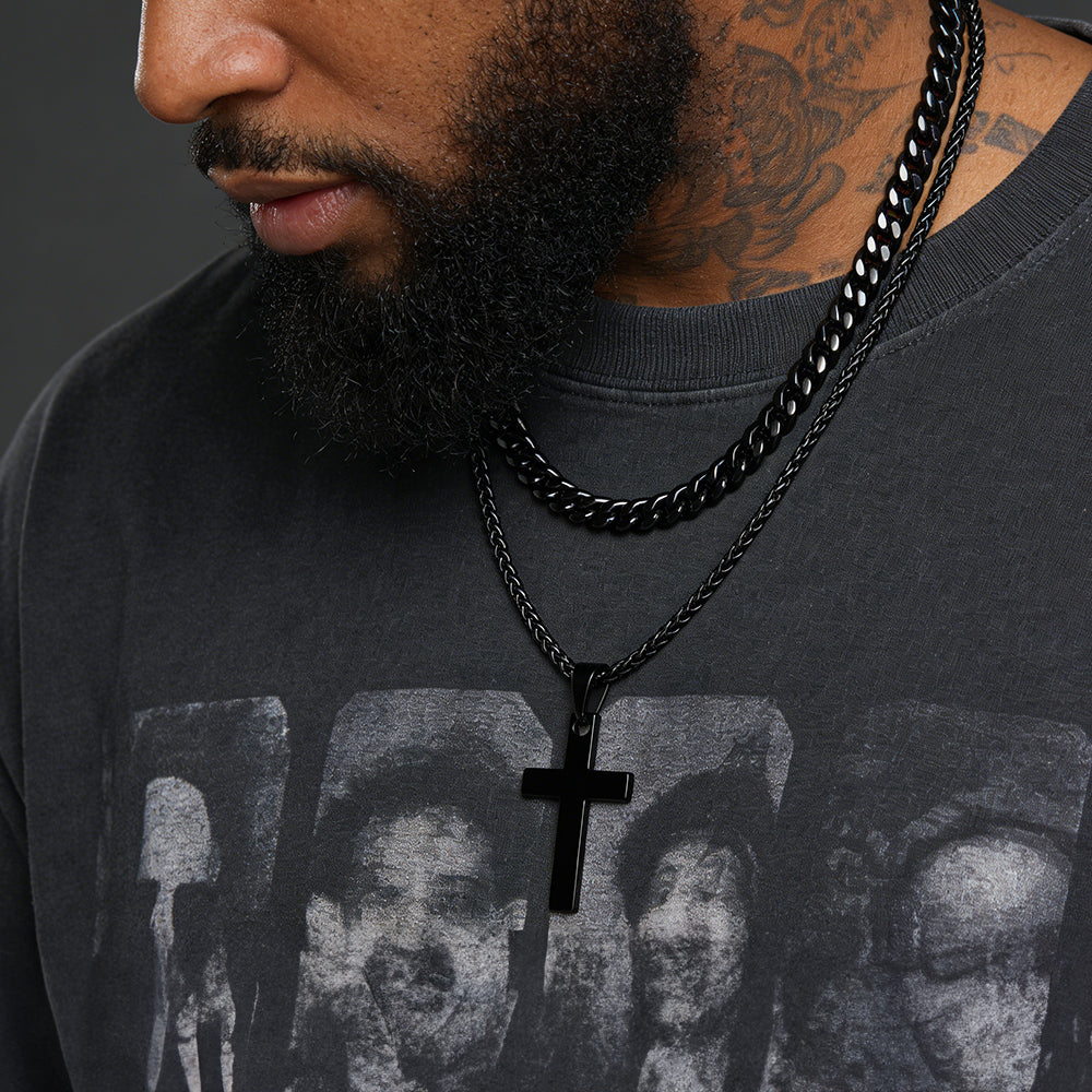 Miami Cuban Chain & Cross Layered Necklaces Set for