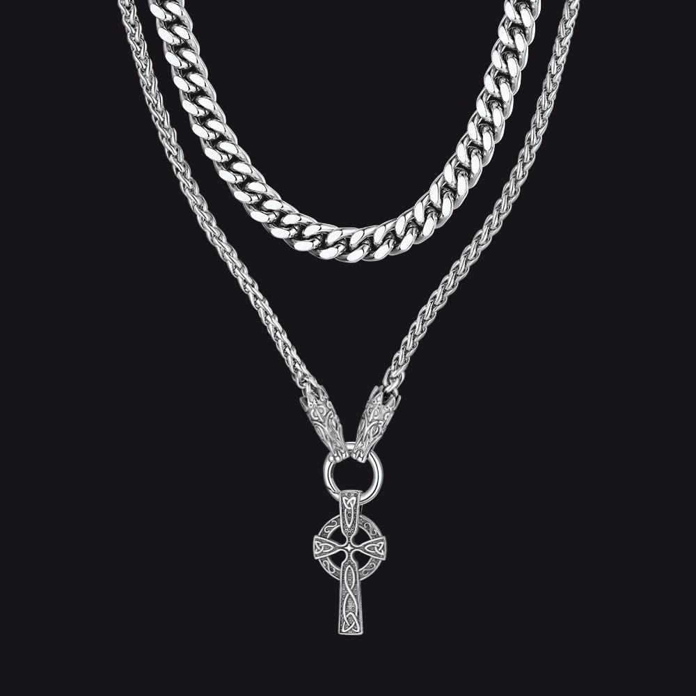 Miami Cuban Chain & Celtic Knot Cross Necklace Set for