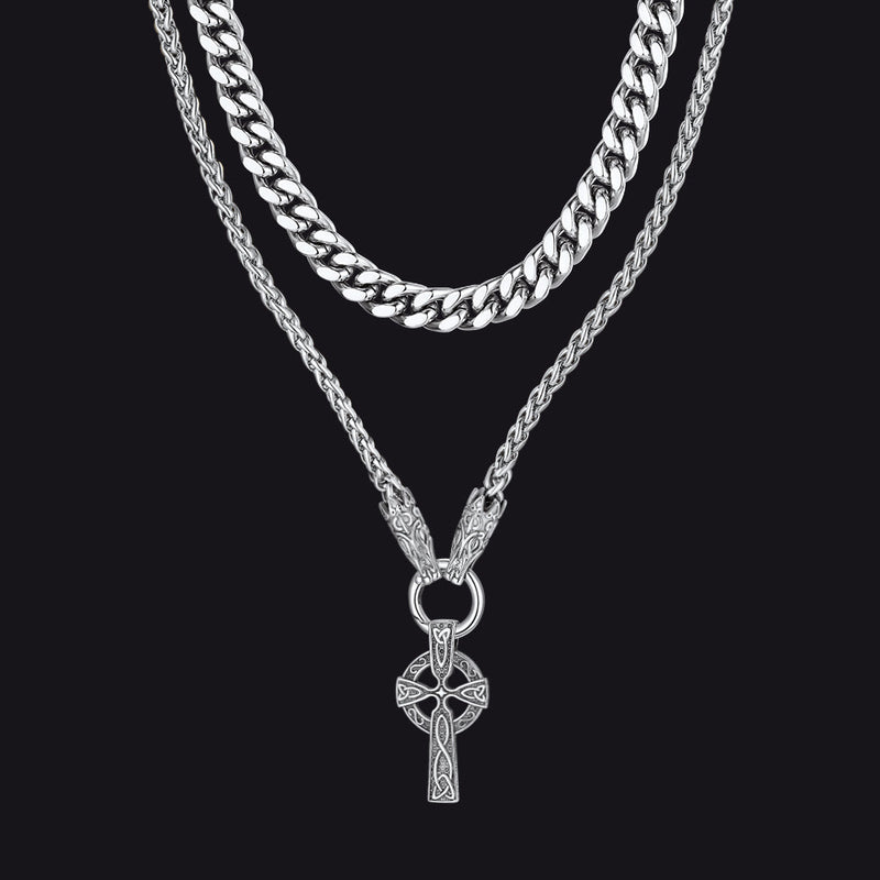 Miami Cuban Chain & Celtic Knot Cross Necklace Set for
