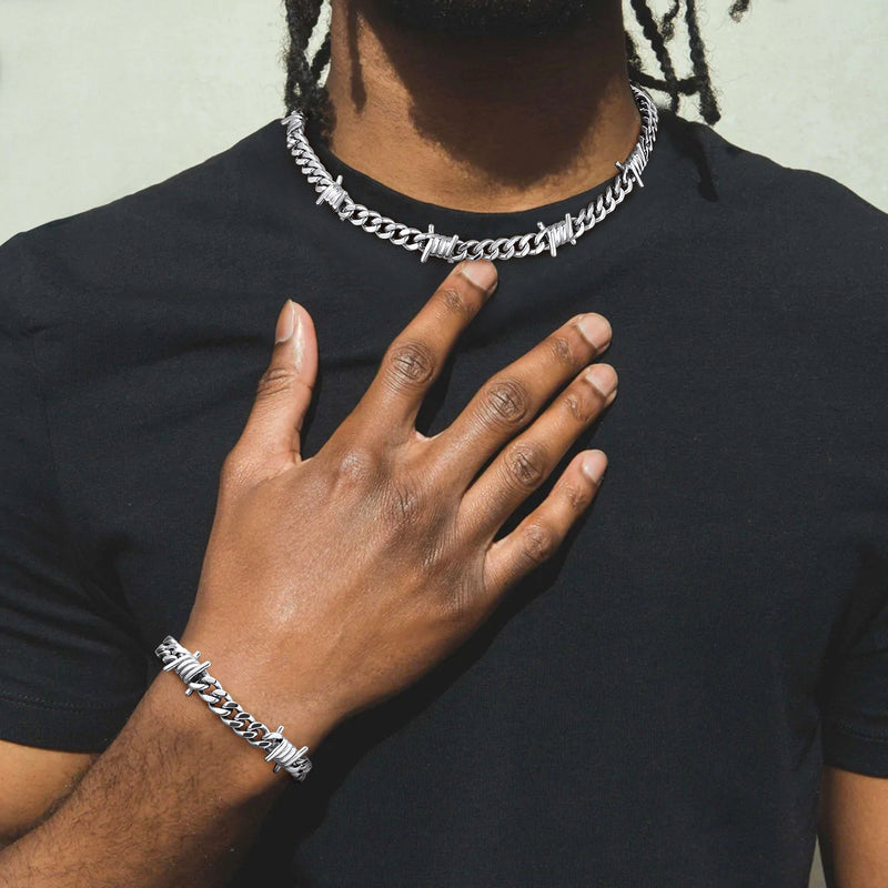 Barbed Wire Cuban Link Chain Choker Necklace for