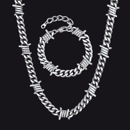 9mm Barbed Wire Cuban Chain & Bracelet Set for