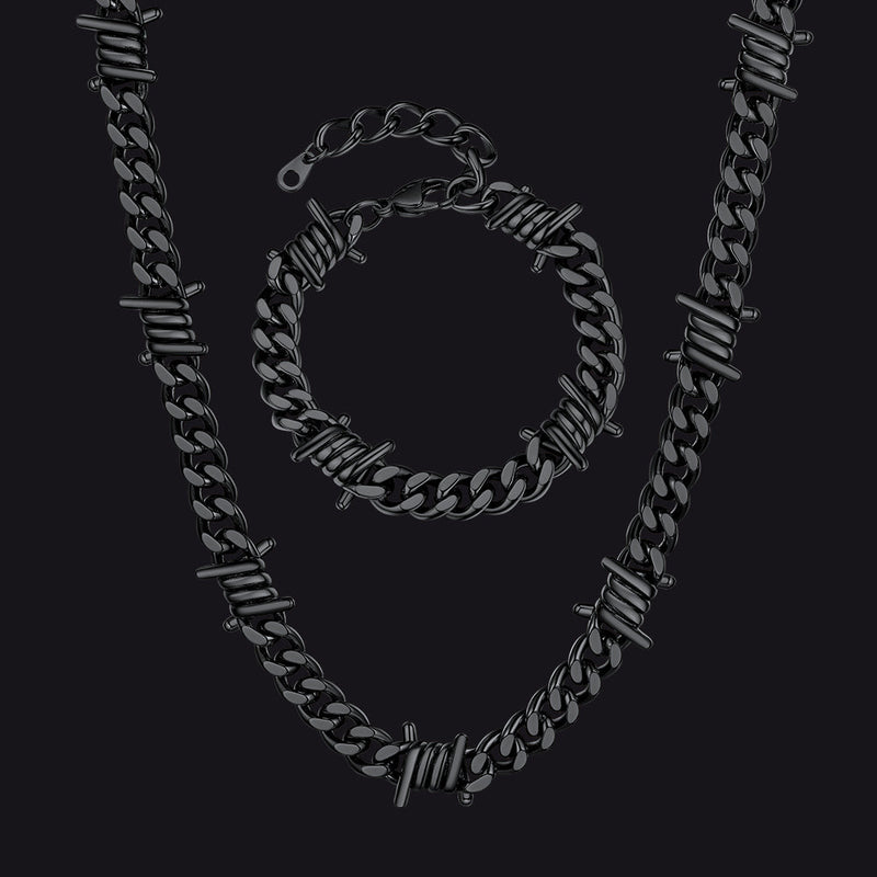 9mm Barbed Wire Cuban Chain & Bracelet Set for