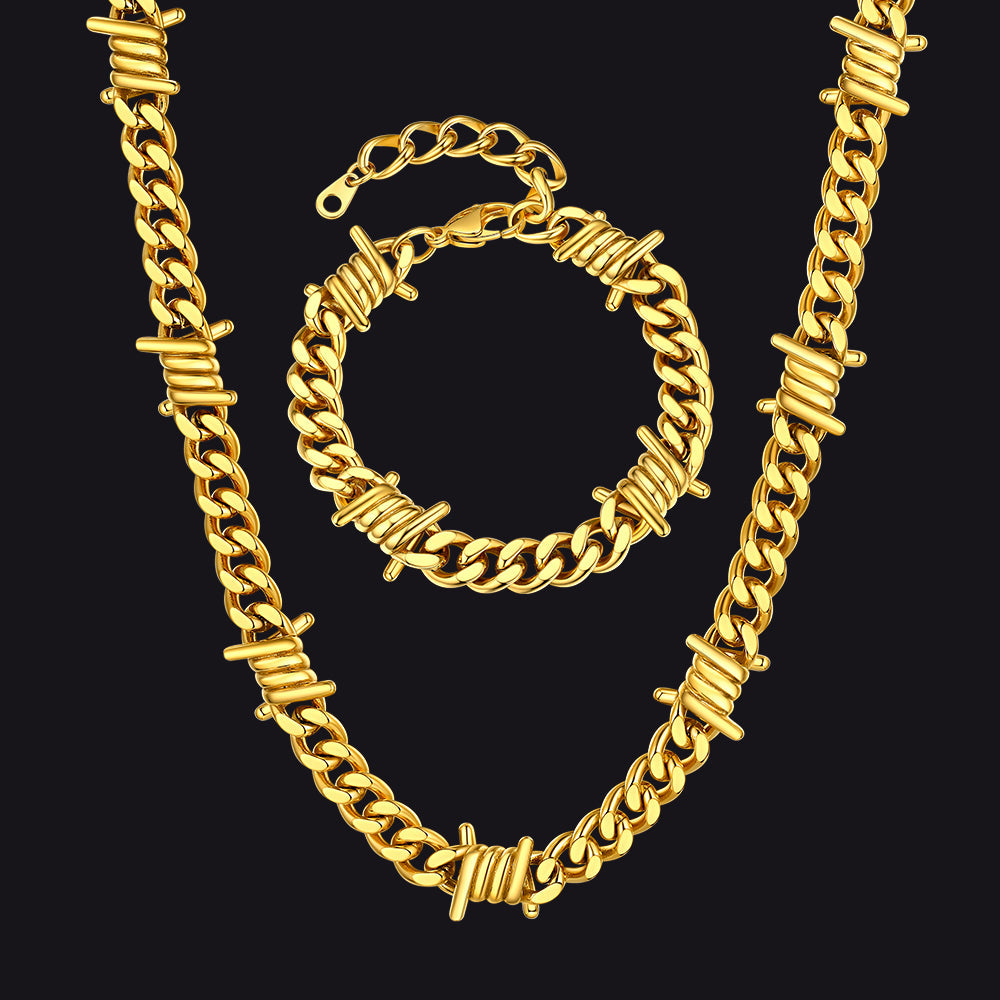 9mm Barbed Wire Cuban Chain & Bracelet Set for