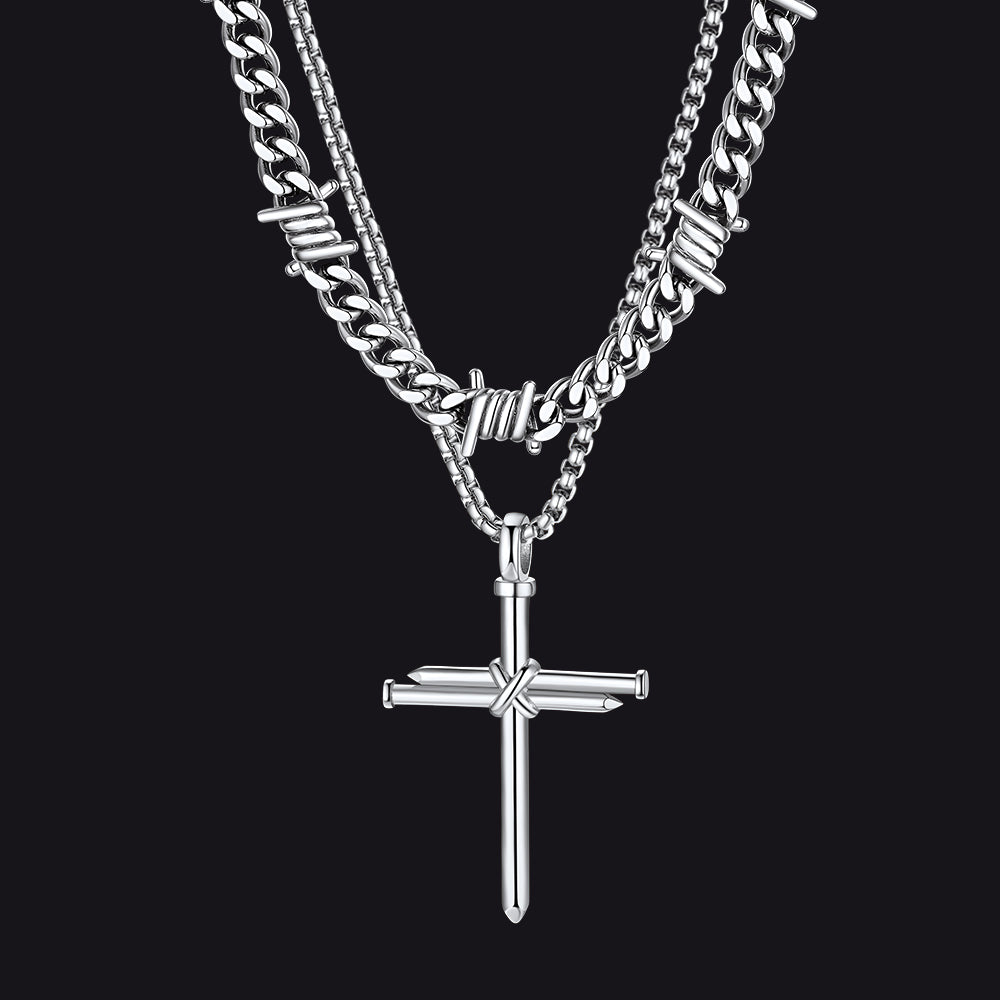 Barbed Wire Cuban Chain & Nail Cross Layered Necklaces Set for