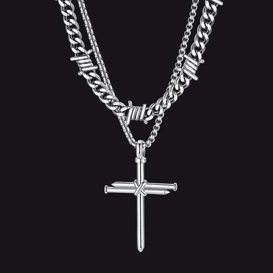 Barbed Wire Cuban Chain & Nail Cross Layered Necklaces Set for