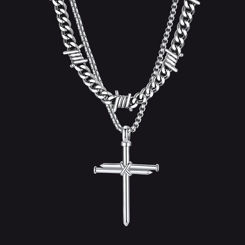 Barbed Wire Cuban Chain & Nail Cross Layered Necklaces Set for