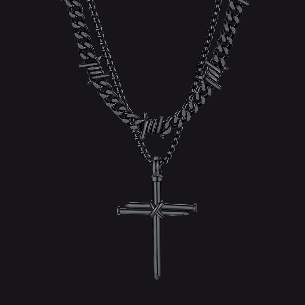 Barbed Wire Cuban Chain & Nail Cross Layered Necklaces Set for
