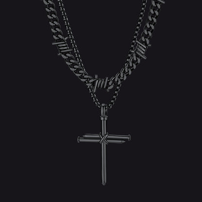 Barbed Wire Cuban Chain & Nail Cross Layered Necklaces Set for