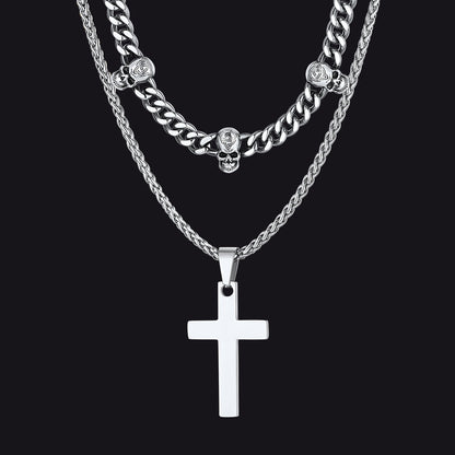 Gothic Skull Cuban Chain & Cross Layered Pendant Set for