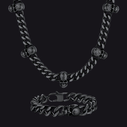 Gothic Skull Cuban Link Choker Chain & Bracelet Jewelry Set for