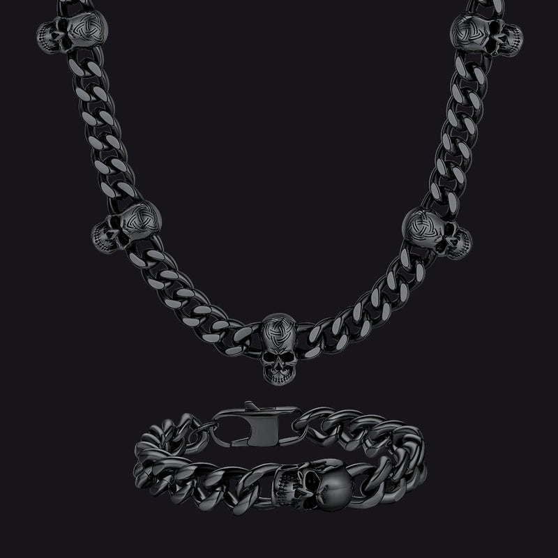 Gothic Skull Cuban Link Choker Chain & Bracelet Jewelry Set for