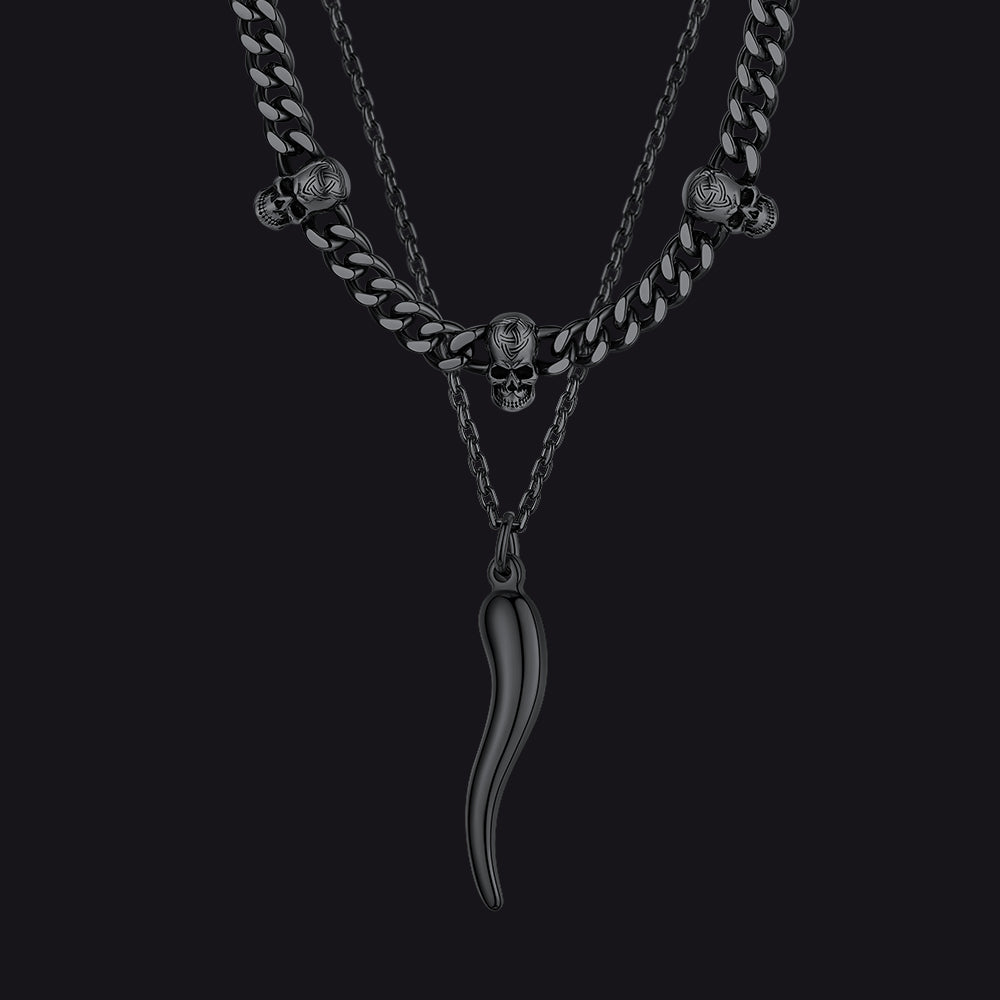 Gothic Skull Cuban Chain & Cornicello Italian Horn Layered Pendant Set for