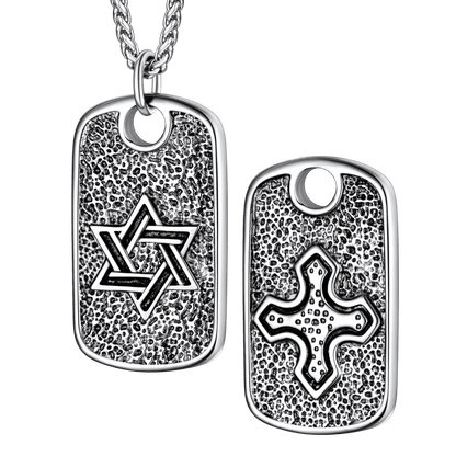 Hebrew Jewish Star of David Dog Tag Necklace With Knight Cross