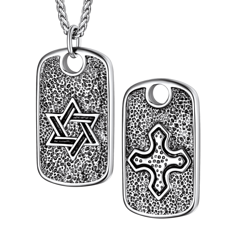 Hebrew Jewish Star of David Dog Tag Necklace With Knight Cross