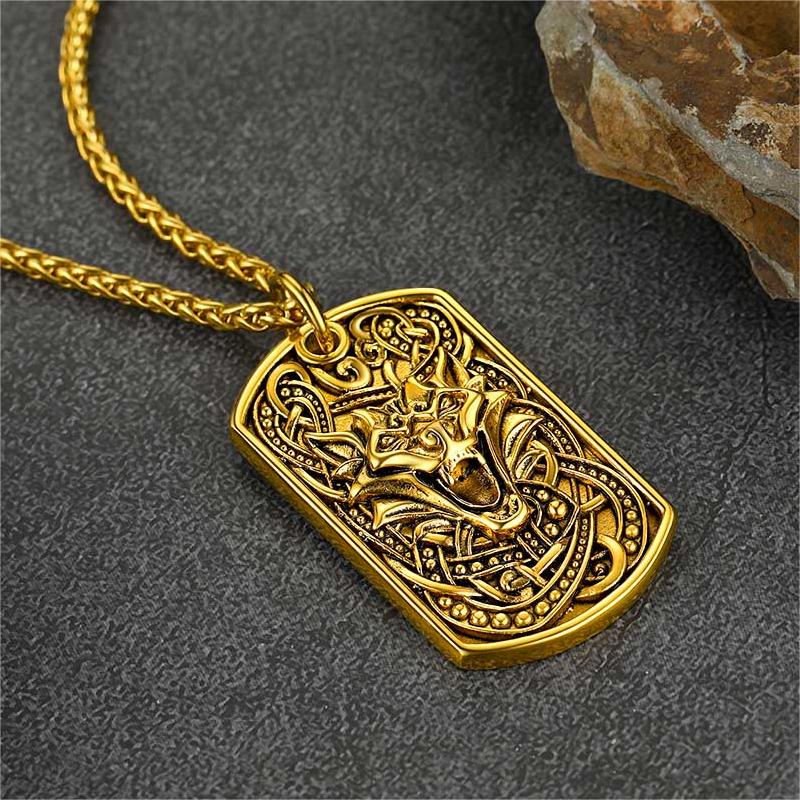 Engraved Viking Celtic Wolf Dog Tag Necklace for