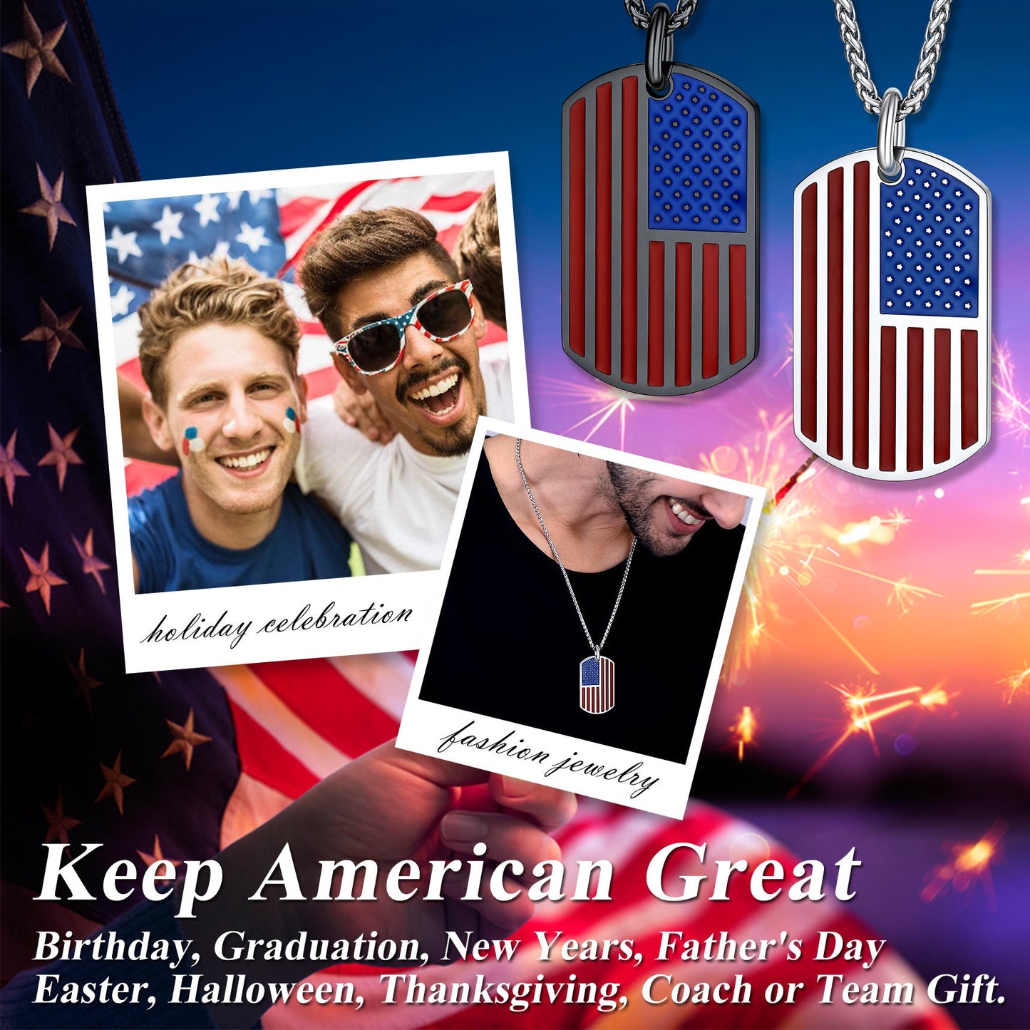 Engraved American Flag Dog Tag Necklace for