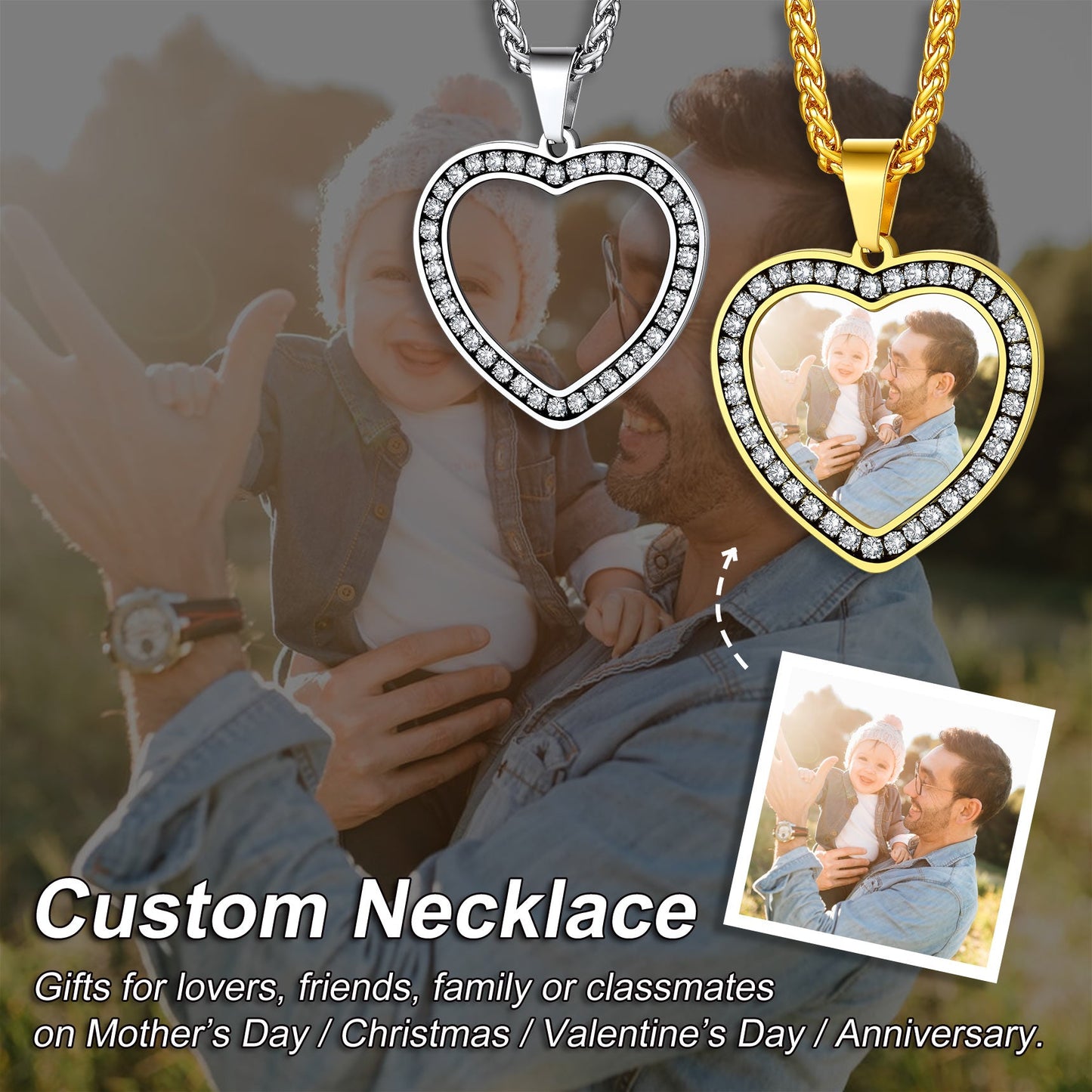 Customized Picture Heart Cubic Zirconia Necklace for