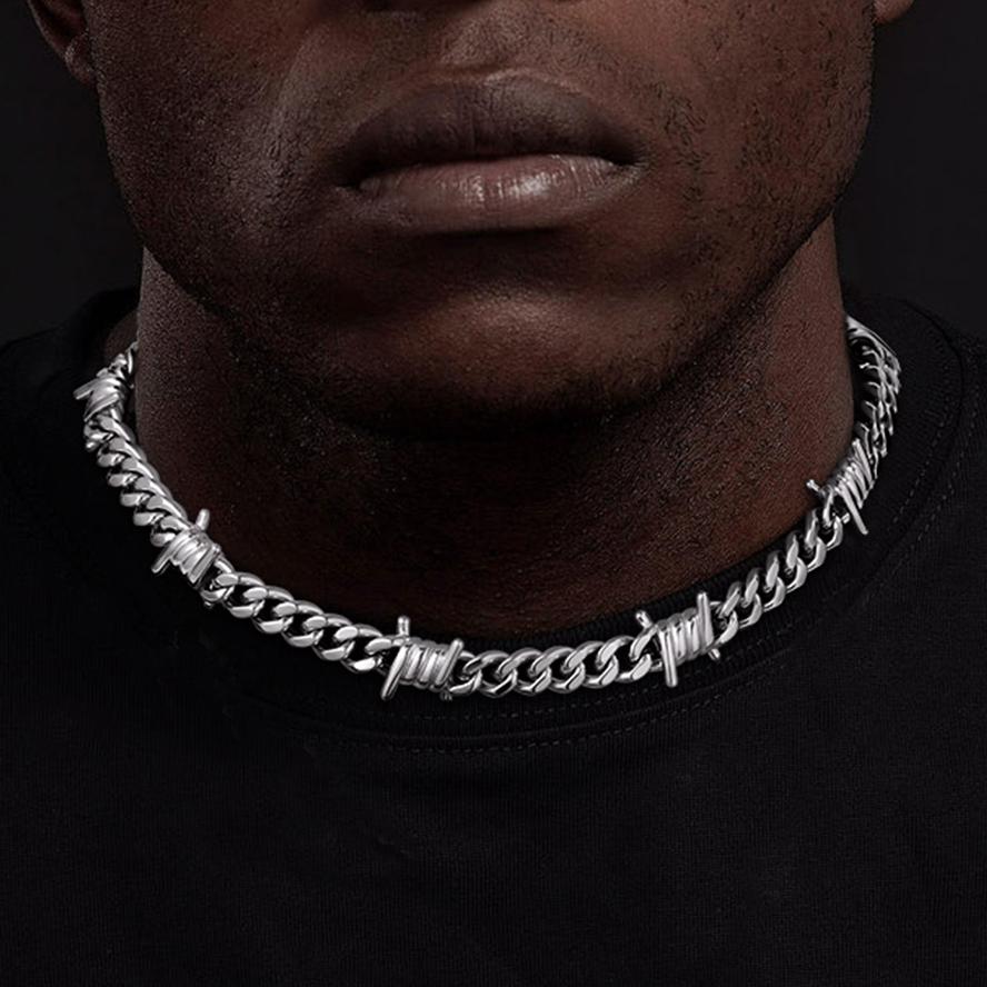 Barbed Wire Cuban Link Chain Choker Necklace for
