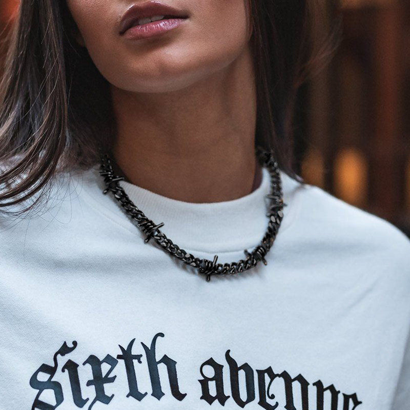 Barbed Wire Cuban Link Chain Choker Necklace for