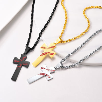 Engraved Sport Baseball Cross Necklace Pendant for