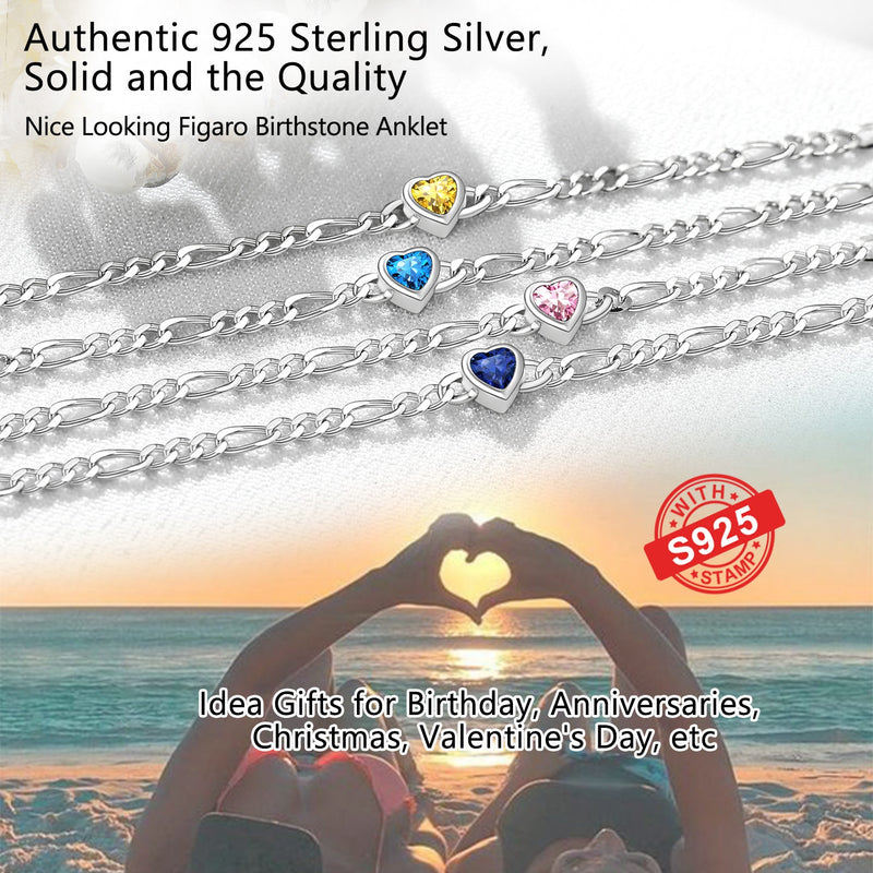 Personalized Sterling Silver Birthstone Dainty Heart Anklet for