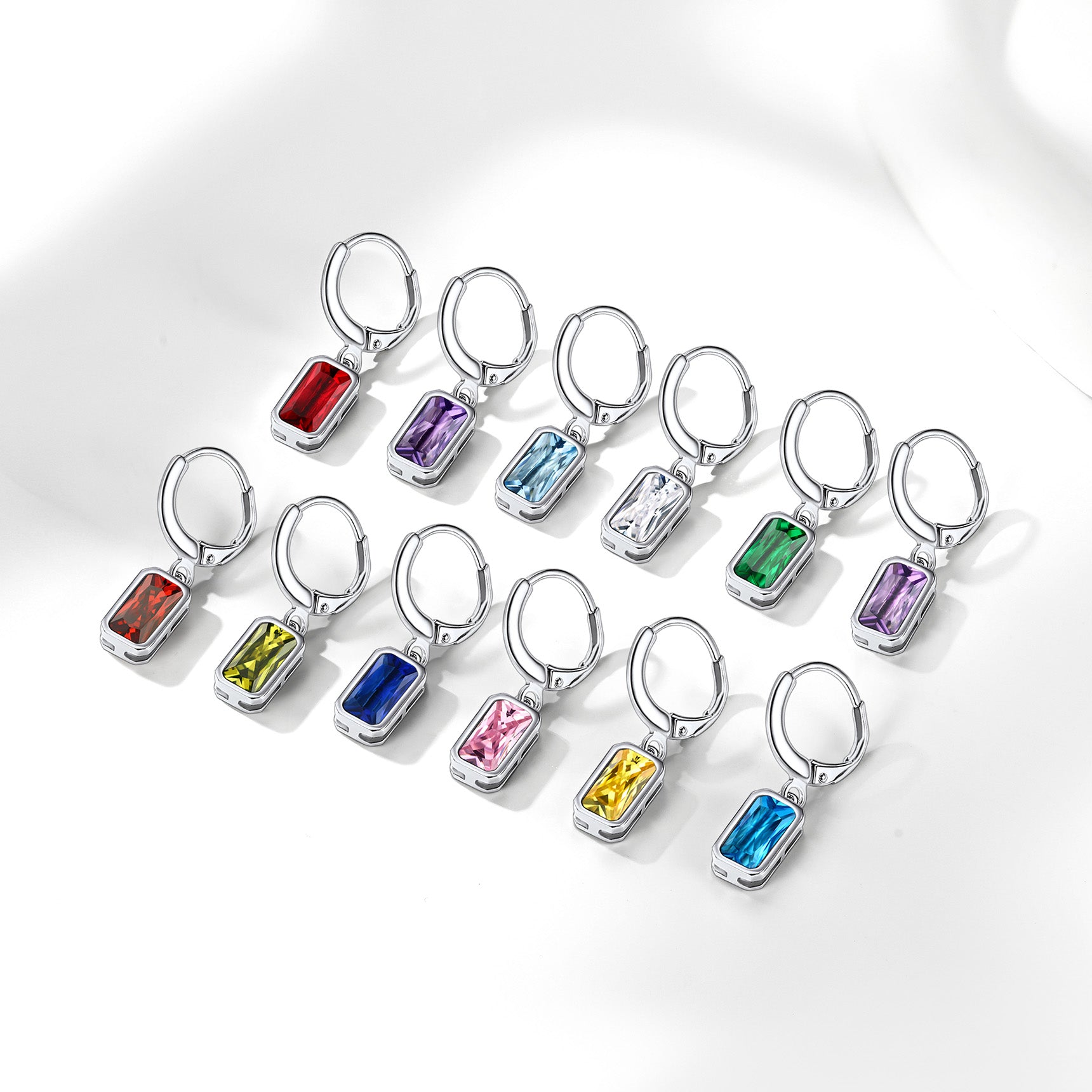 Silver Square Birthstone Dangle Hoop Earrings for