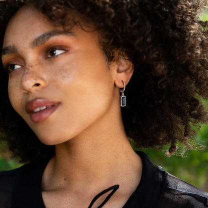 Silver Square Birthstone Dangle Hoop Earrings for