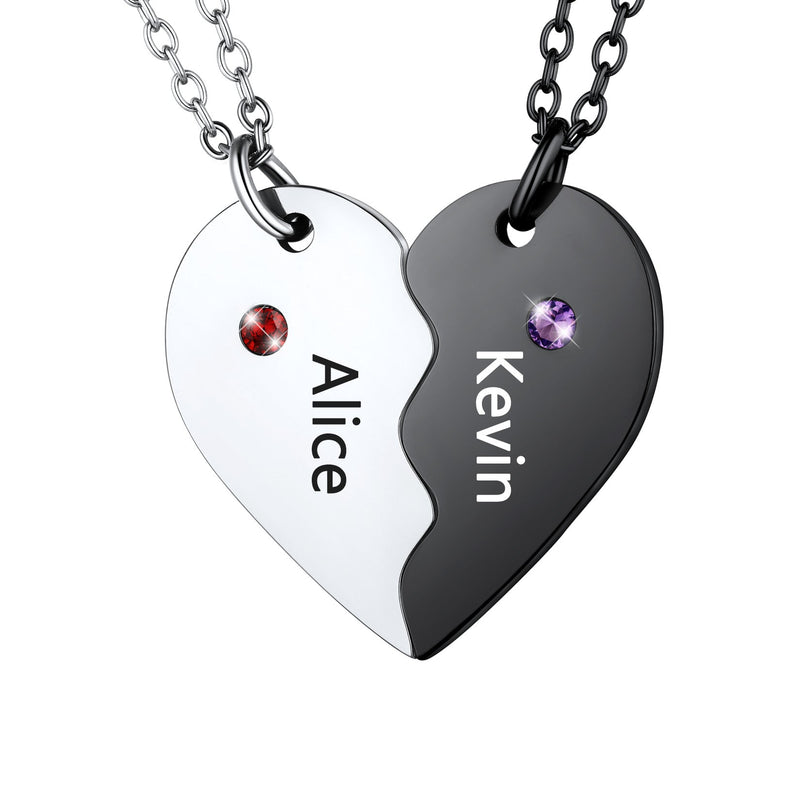 Custom Heart Matching Necklaces With Birthstone for Couple Best Friends