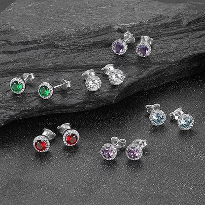 S925 Silver Cz Birthstone Stud Halo Earrings for